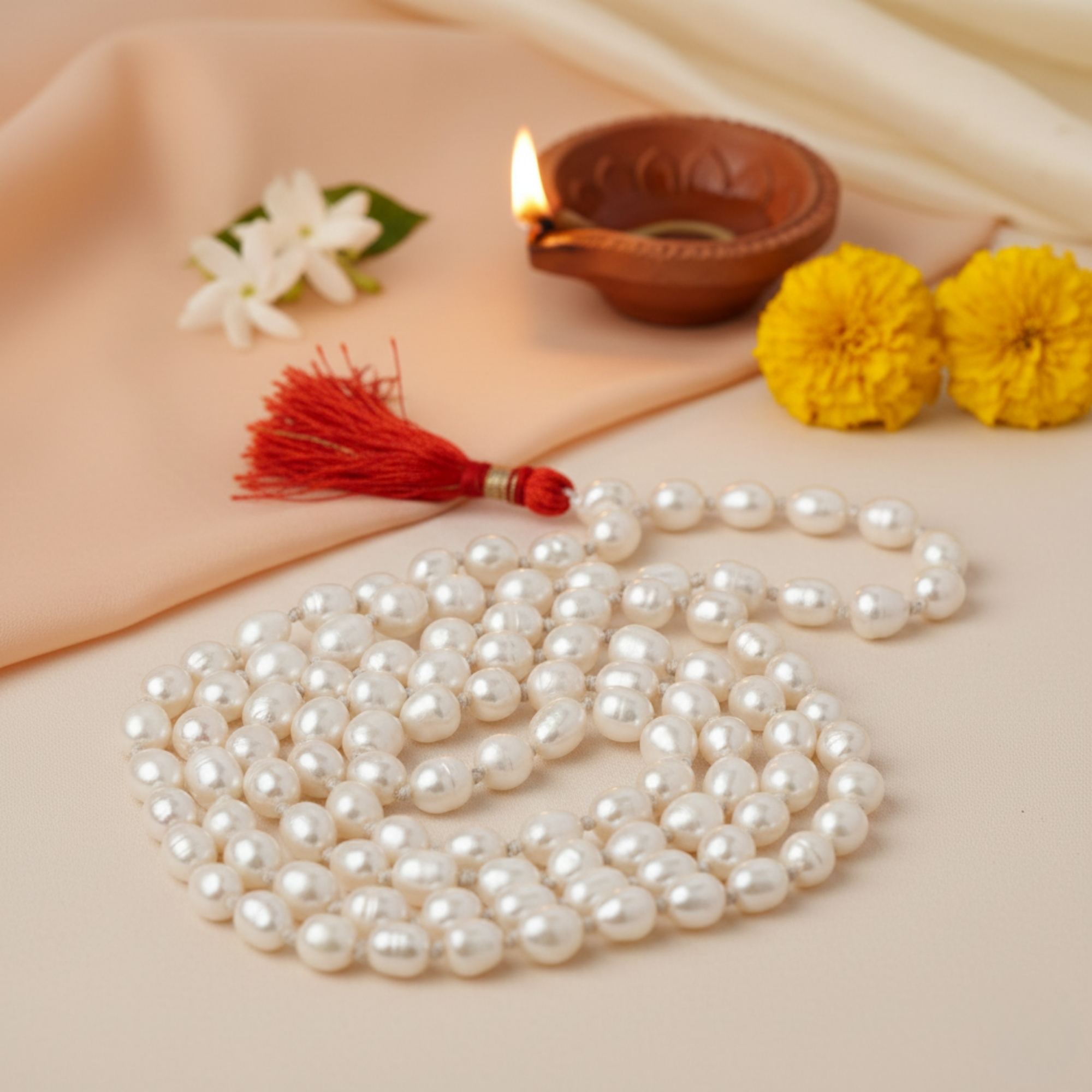 White Pearl Knotted Mala